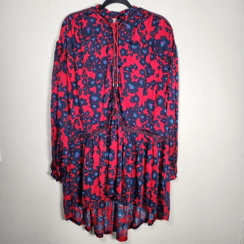 Free People Womens Small Love Letter Boho Floral Tunic Mini Dress Red Ruffle